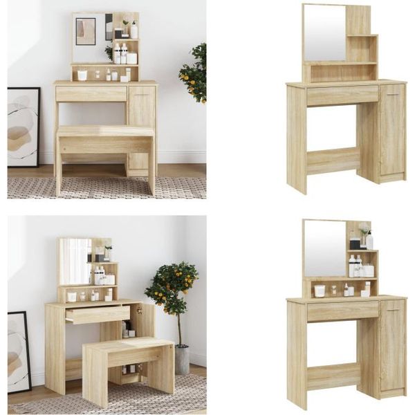 Vidaxl Tavolo Da Toilette Con Specchio In Rovere Sonoma 86,5X35X136 Cm - Tavolo Da Toilette - Tavolo Da Trucco - Tavolo Per Cosmetici - Tavolo Da Toilette-image