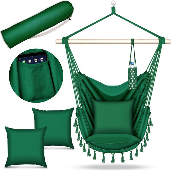 Tillvex Hanging Chair Green 2 Cuscini Da Appendere | Hanging Chair Con Portabicchieri E Scomparto Per Libri | Hanging Seat Resistente Alle Intemperie - Indoor & Outdoor | Cesto Appeso Con Borsa Per Il Trasporto Per Adulti E Bambini-image