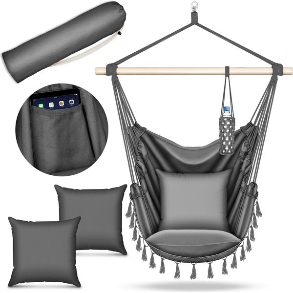 Tillvex Hanging Chair Antracite 2 Cuscini Da Appendere | Hanging Chair Con Portabicchieri E Scomparto Per Libri | Hanging Seat Resistente Alle Intemperie - Indoor & Outdoor | Cesto Appeso Con Borsa Per Il Trasporto Per Adulti E Bambini-image