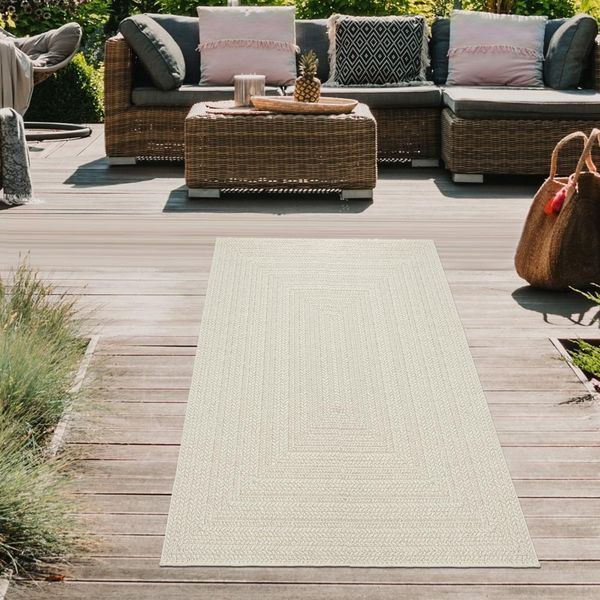 Tappeto Da Salotto Per Esterni Resistente Con Motivo A Linee Rettangolari In Color Crema Dimensioni - 60 X 180 Cm-image