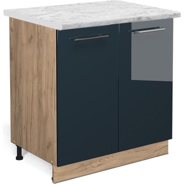 Vicco Mobiletto Base Cucina Fame-Line, 80 Cm Con Ripiano, Pl Marmo, Blu Scuro Lucido/Quercia Dorata-image