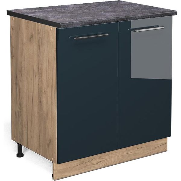 Vicco Mobiletto Base Cucina Fame-Line, 80 Cm Con Ripiano, Pl Antracite, Blu Scuro Lucido/Quercia Dorata-image