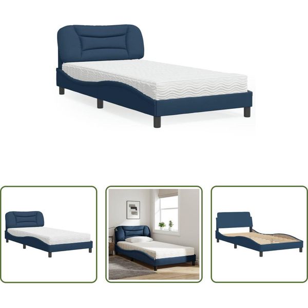 The Living Store Letto Con Materasso Blu 100X200 Cm In Tessuto-image