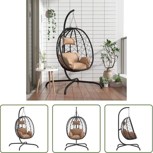 The Living Store Sedia Sospesa Egg Con Cuscino Taupe Poly Rattan E Acciaio-image