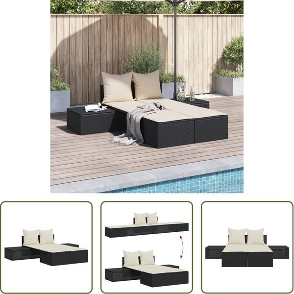 The Living Store Lettino Doppio Con Cuscini In Poly Rattan Nero-image