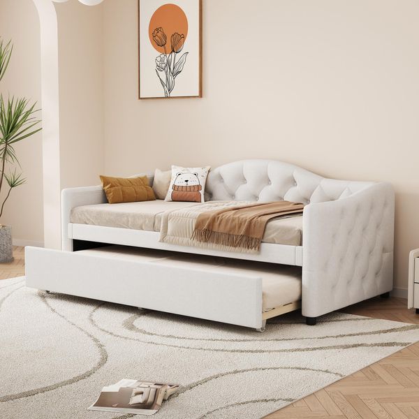 Flieks Divano Letto Imbottito 90X200Cm Con Sottolavello, Letto Giovanile Letto Singolo Con Rete A Doghe, Divano Letto Classico, Lino, Beige-image