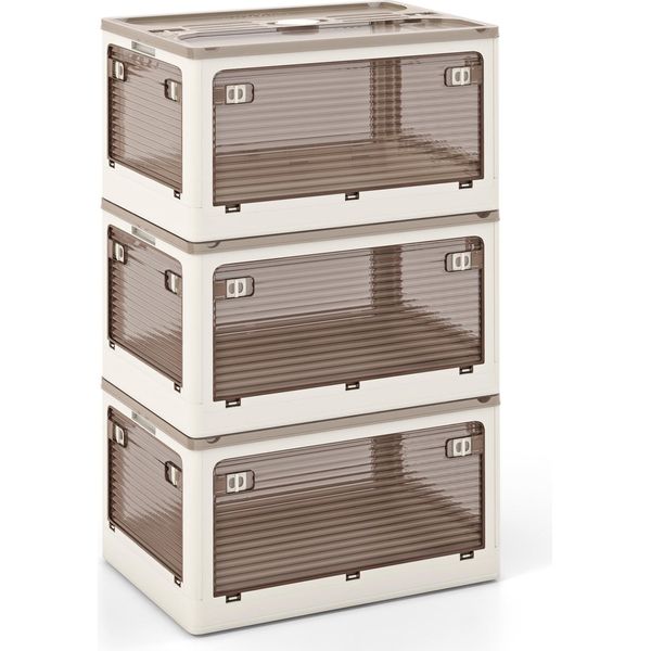 Costway Scatole Di Stoccaggio Con Coperchio, Set Di 3 Scatole Impilabili Su Ruote, Scatole Di Stoccaggio Pieghevoli, Accessibili Da 5 Lati, In Plastica, Chiusura Sicura, Trasparenti (132L)-image