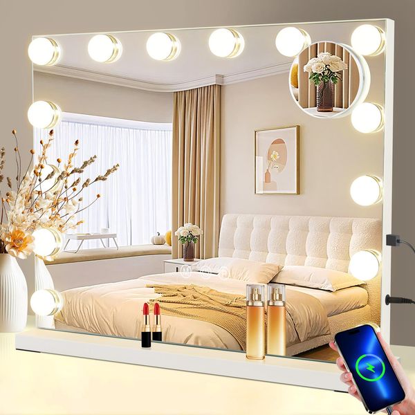 Zmh Specchio Per Il Trucco Specchio Cosmetico Dimmerabile 50X40Cm Specchio Illuminazione Led Con Luce 3 Modalità Touch Control Specchio Da Tavolo Per Toletta Bianco-image