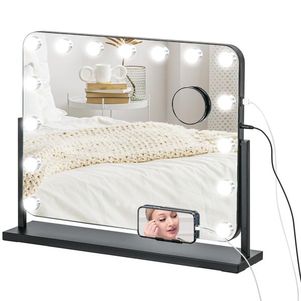 Homcom Hollywood Specchio Con Illuminazione, Specchio Per Il Trucco Con 14 Luci Led, 3 Colori Di Luce, Specchio Cosmetico Con Ingrandimento 10X, Porta Di Ricarica Usb-image