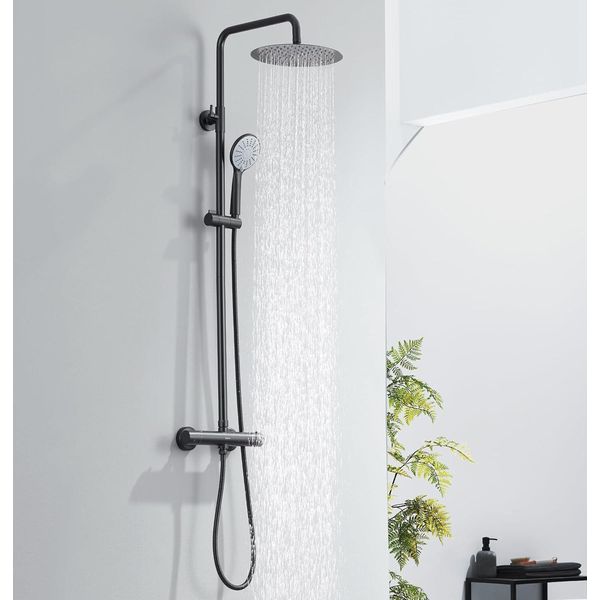 Sistema Doccia Con Termostatico Nero, Blocco Di Sicurezza A 38°C, Miscelatore Doccia, Set Completo Di Doccia Con Soffione E Doccetta In Acciaio Inox-image