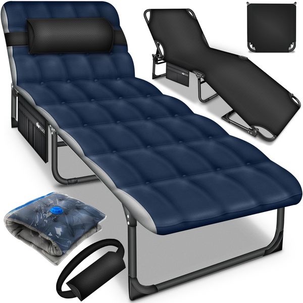 Tillvex® Lettino Da Campeggio Pieghevole Blu Navy Con Tasca Laterale E Cuscino Per Il Collo Fino A 280 Kg | Lettino Da Campeggio Con Cuscino | Lettino Da Campeggio Per Esterni E Interni | Letto Pieghevole Per Ospiti Letto Pieghevole Da Giardino Campeggio Festival Viaggio-image