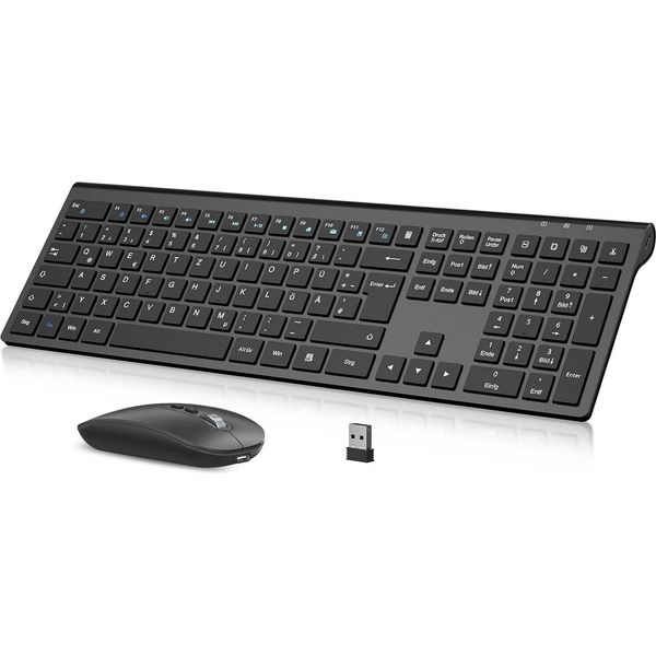 Set Mouse Tastiera Senza Fili, Tastiera Wireless Ricaricabile 2.4G Tastiera Wireless Ergonomica Qwertz Layout (Tedesco), Ultra Sottile Per Computer / Desktop-image
