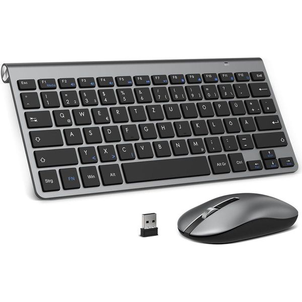 Set Mouse Con Tastiera Wireless, Layout Qwertz Tedesco, Mini Mouse Con Tastiera Wireless A 2,4 Ghz (Grigio E Nero)-image