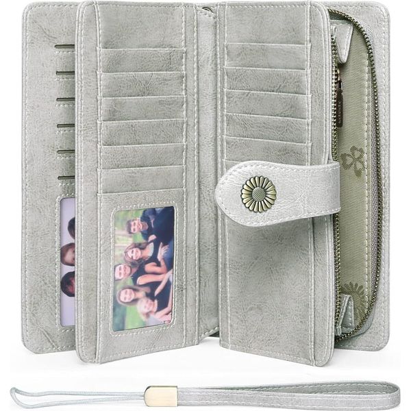 Portafoglio Da Donna In Pelle, Frizione Grande, Protezione Rfid Bloccante, Grande Capacità, Portafoglio Lungo Con 24 Scomparti Per Carte, Tracolla Staccabile-image