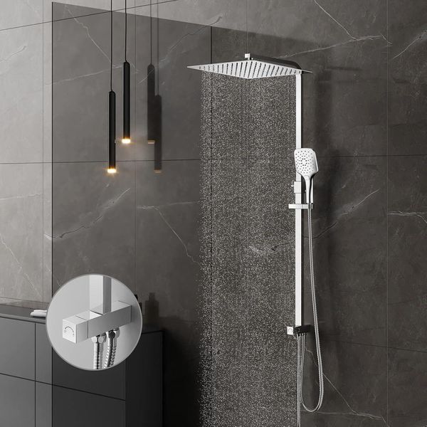 Sistema Doccia Senza Rubinetto, Doccia A Pioggia Senza Rubinetto, Set Doccia Con Soffione 30X30Cm, Doccetta Con 3 Modalità Di Getto, Asta Doccia In Acciaio Inox-image