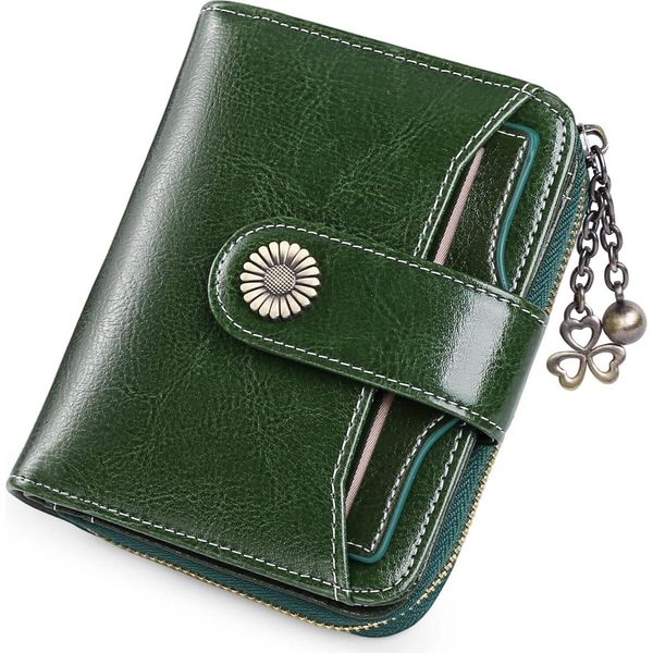 Portafoglio Donna Piccolo, Portafoglio Donna Vera Pelle, Con Scomparto Portafoglio Piccola Cerniera Portacarte Con Blocco Rfid (Cj-Vintage Verde-N)-image