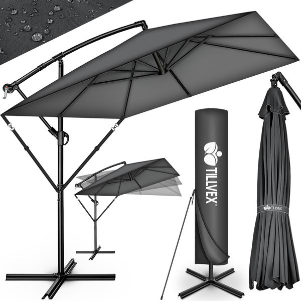Tillvex® Ombrellone Rettangolare In Alluminio Ø 330 Cm Antracite + Copertura Con Manovella | Ombrellone Quadrato A Sbalzo Con Supporto E Frangivento | Ombrellone Da Giardino In Alluminio Protetto Dai Raggi Uv | Ombrellone A Manovella Ombrellone Impermeabile Girevole A 360 Gradi-image