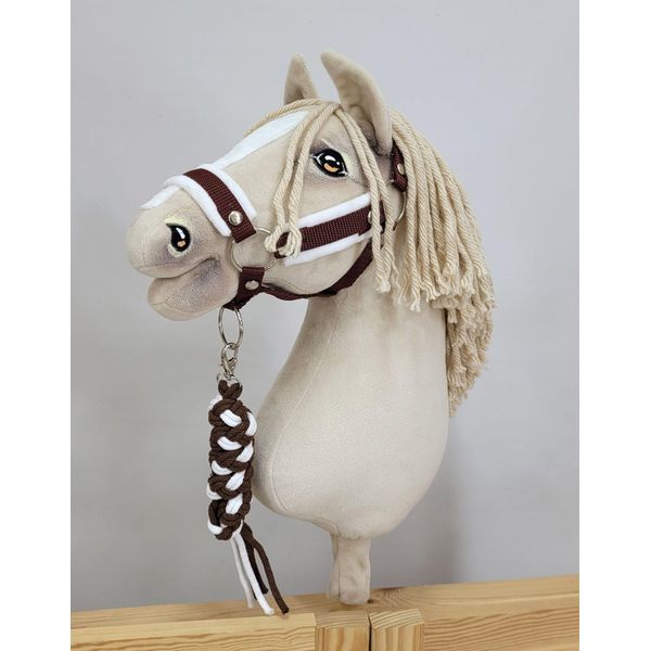 Set Per Cavallo Da Tiro: Cavezza A3 Con Pelo Bianco + Cordino Per Cavezza - Bianco-Marrone - 5902366024568-image