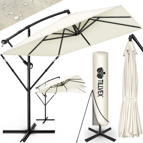 Tillvex® Ombrellone In Alluminio Rettangolare Ø 330 Cm Beige + Copertura Con Manovella | Ombrellone Quadrato A Sbalzo Con Supporto E Frangivento | Ombrellone Da Giardino Protezione Uv In Alluminio | Ombrellone Con Manovella Impermeabile Ruotabile A 360°-image