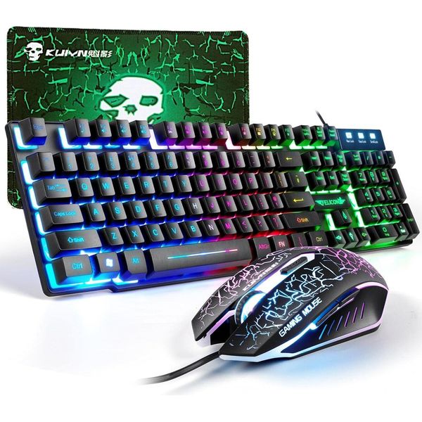 Set Di Tastiera E Mouse Da Gioco, Tastiera Qwerty Retroilluminata Arcobaleno A 104 Tasti Con Layout Uk + Mouse A 4 Pulsanti Da 2400 Dpi + Tappetino Per Mouse, Cavo Usb-image