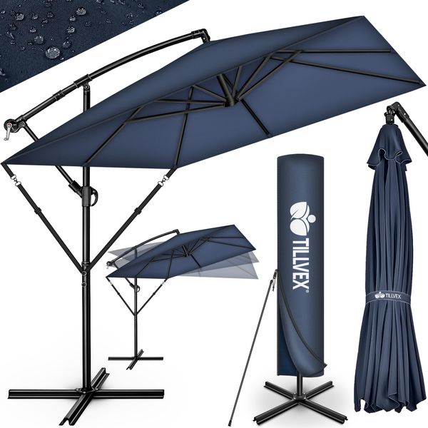 Tillvex® Ombrellone Rettangolare In Alluminio Ø 330 Cm Blu Navy + Copertura Con Manovella | Ombrellone Quadrato A Sbalzo Con Supporto E Protezione Dal Vento | Ombrellone Da Giardino In Alluminio Protetto Dai Raggi Uv | Ombrellone Con Manovella Impermeabile Ruotabile A 360°-image