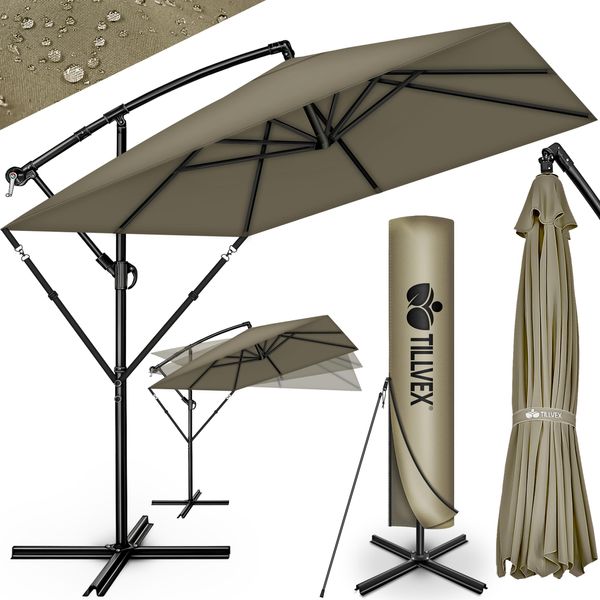 Tillvex® Ombrellone In Alluminio Rettangolare Ø 330 Cm Marrone + Copertura Con Manovella | Ombrellone Quadrato Con Supporto E Parabrezza | Ombrellone Da Giardino Protezione Uv In Alluminio | Ombrellone A Manovella Impermeabile Ruotabile A 360°-image