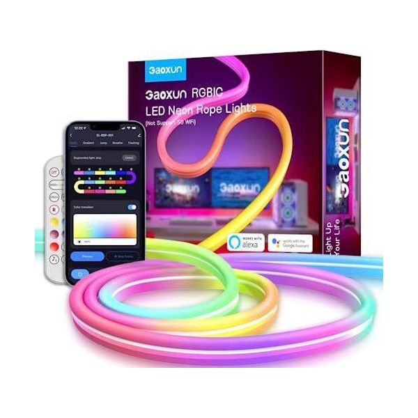Gaoxun Striscia Led Al Neon 3 M, Controllo App Rgbic Wifi, Impermeabile IP65, Funzione Fai Da Te, Sincronizzazione Musicale, Musica-image