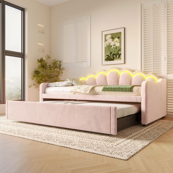 Flieks Letto Imbottito Daybed 90X200Cm Con Letto Estraibile, Divano Letto Per Ragazzi Letto Per Bambini Con Led, Letto In Legno Daybed Divano Letto, Velluto, Rosa-image