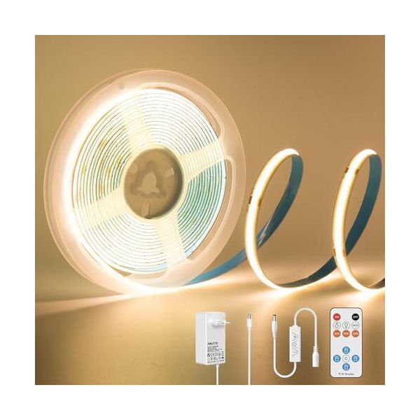 Striscia Led Cob Pautix Bianco Caldo 2700 K, 3 M 480 Led/M Dimmerabili 24 V Set Di Luci Flessibili Alimentatore Con Telecomando Rf, Cri 85+ Luce Di Fondo Luminosa-image