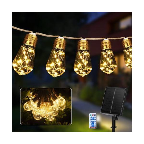 Guijiyi Outdoor Solar Fairy Lights, Luci 20 Lampadine, 8,7 M All'aperto, 8 Modalità, Corda Di Canapa Vintage, IP65 Giardino Resistente Alle Intemperie,-image