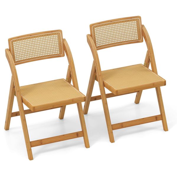 Sedie Pieghevoli In Rattan Costway In Set Da 2, Sedie Da Pranzo Con Struttura In Bambù, Sedie Da Cucina In Stile BohéMien Con Schienale Girevole E Capacità Di Carico Di 150 Kg-image