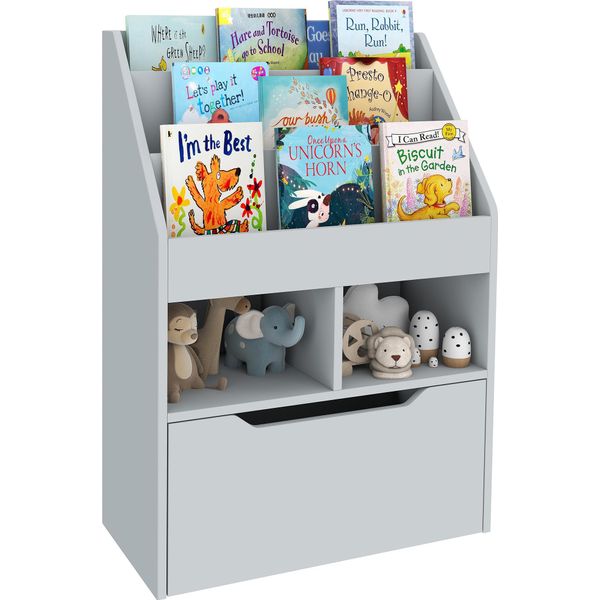 Homcom Libreria Per Bambini Libreria Per Bambini Con Cassetto, 3 Scomparti E 2 Scomparti Aperti, Scaffale Per La Camera Dei Bambini, Stanza Dei Giochi, Grigio, 60 X 29,9 X 90 Cm-image