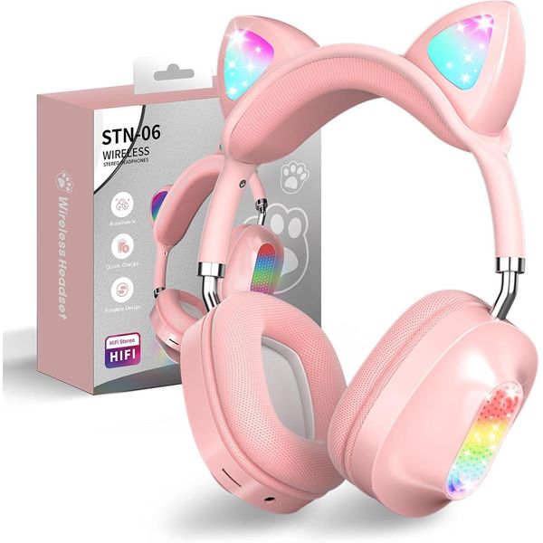 Ragazze Cat Ear Cuffie Over-Ear Con Luce Led Cuffie Stereo Pieghevoli Bluetooth, Bambini Senza Fili Con Microfono, Micro Sd/Tf, Per Tablet/Mobile/Pc-image