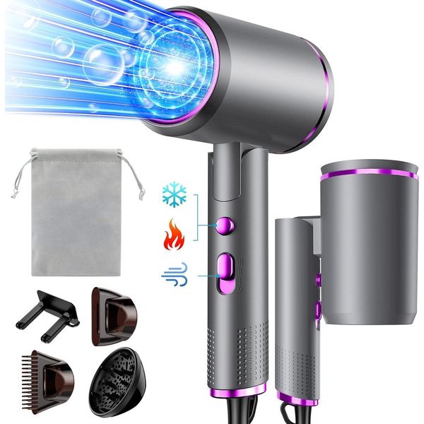 2400W Asciugacapelli Pieghevole, Asciugacapelli Professionale Asciugacapelli Da Viaggio Con Pulsante Caldo/Freddo, 3 Calore, Asciugacapelli Ad Asciugatura Rapida, Asciugacapelli Da Salone Con Diffusore E Borsa Di Stoccaggio-image
