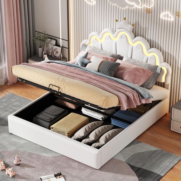 Letto Piano 140 X 200 Cm, Letto Imbottito, Letto Da Principessa, Illuminazione Ambiente Regolabile, Modanatura A Corona, Bianco-image