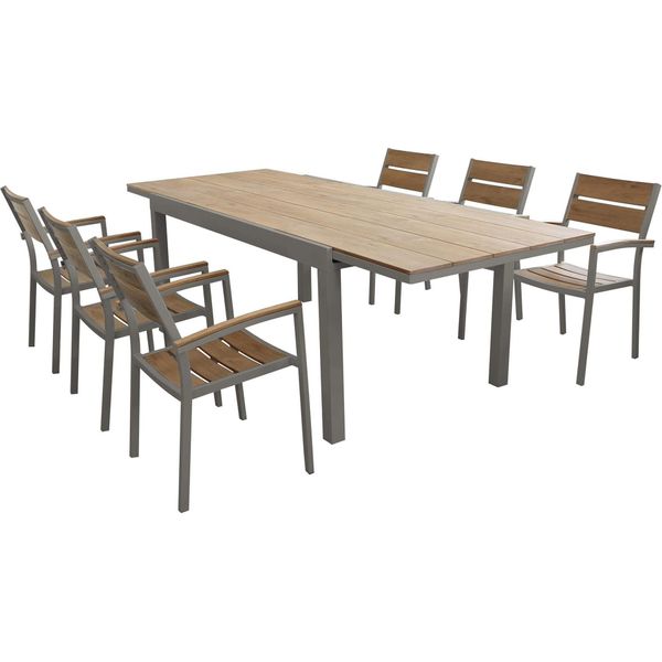Milanihome.It - Set Tavolo E Sedie Da Giardino Per Esterno In Alluminio E Legno Resistente Di Teak Cm 160/240X95X75 H Con 6 Sedutedi Coloretaupe-image