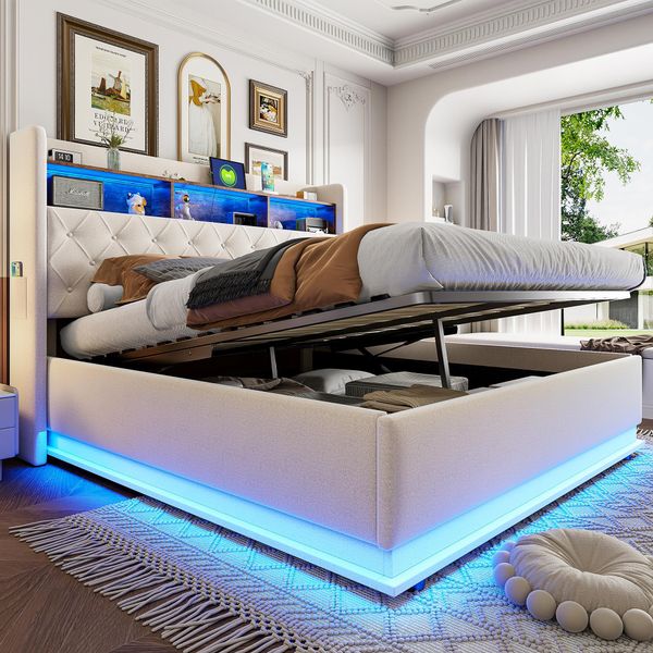 Letto Imbottito 180 X 200 Cm, Letto Contenitore Con Connessione Di Ricarica Usb E Spazio Di Archiviazione Idraulico, Tessuto Di Lino Delicato Sulla Pelle, Beige-image