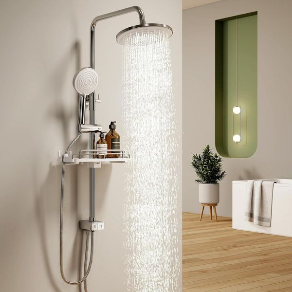 Sistema Doccia Doccia A Pioggia Set Completo Con Mensola, Doccetta A 3 Modalità Di Getto, Doccia A Pioggia Cromata Senza Raccordo, Set Doccia Con Tubo In Acciaio Inox-image