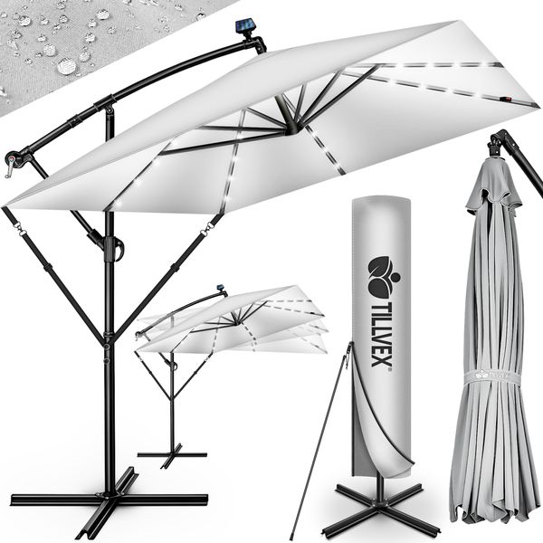 Tillvex® Ombrellone In Alluminio Rettangolare Ø 330 Cm Con Led Solar Grey + Copertura Con Manovella | Ombrellone A Sbalzo Con Supporto E Frangivento | Ombrellone Da Giardino Protezione Uv, Impermeabile, Ruotabile A 360° | Ombrellone A Manovella Da Mercato-image