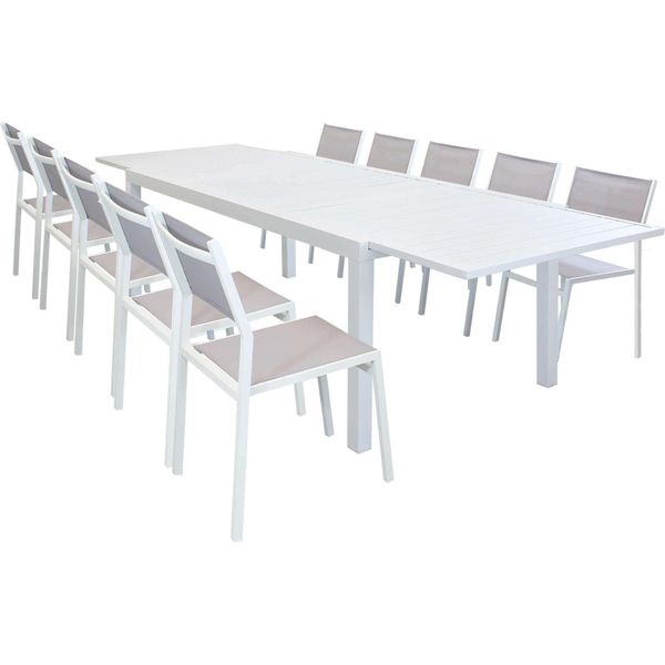 Milanihome.It - Set Tavolo Giardino Rettangolare Allungabile 200/300X100 Con 10 Sedie In Alluminio Bianco E Textilene Da Esternodi Colorebianco-image