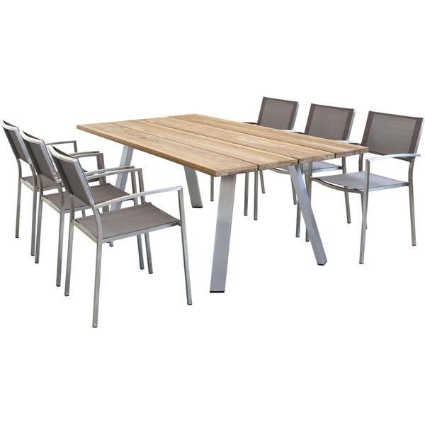 Milanihome.It - Set Tavolo E Sedie Da Giardino Per Esterno In Alluminio E Legno Resistente Di Teak Cm 200X100X74 H Con 6 Sedutedi Coloregrigio-image
