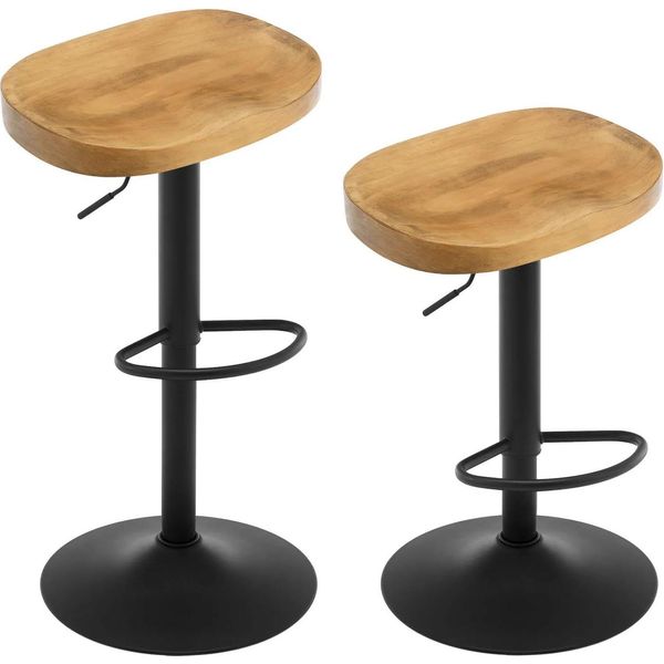 Set Di 2 Sgabelli Industriali In Legno - Sgabello Da Bar - Girevole A 360° - Regolabile In Altezza - Con Poggiapiedi - 41,5 X 60-81 X 31,5 Cm - Legno Scuro, Beige-image