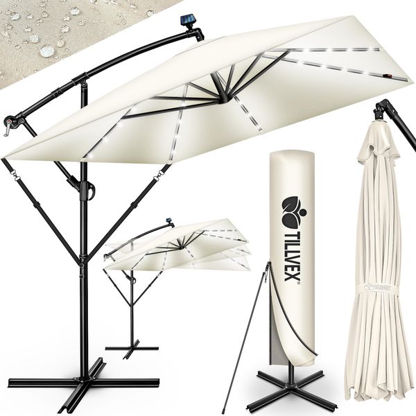 Tillvex® Ombrellone In Alluminio Rettangolare Ø 330 Cm Con Led Solar Beige + Copertura Con Manovella | Ombrellone A Sbalzo Con Supporto E Frangivento | Ombrellone Da Giardino Protezione Uv, Impermeabile, Girevole A 360° | Ombrellone Da Mercato A Manovella-image