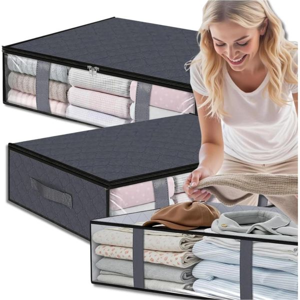 Edibazzar | Set Di Organizer, 2 Pezzi, Per Guardaroba, Biancheria Da Letto, Vestiti, Borsa Grande Grigia, 60 X 45 Cm-image