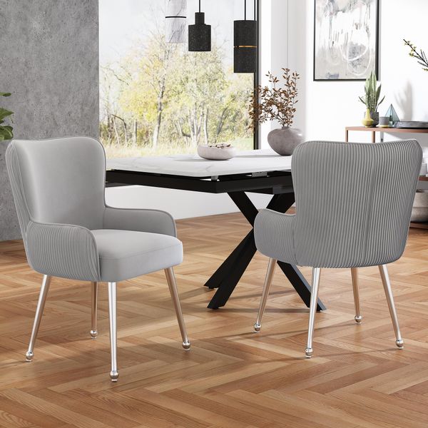 Sedia Da Pranzo In Velluto Sweiko, Set Di 2, Lussuosa, Da Soggiorno, Da Camera Da Letto, Da Salotto Con Quattro Gambe Di Supporto In Metallo Argentato, Con Braccioli E Piedini Regolabili, Supporto Lombare, Grigio-image