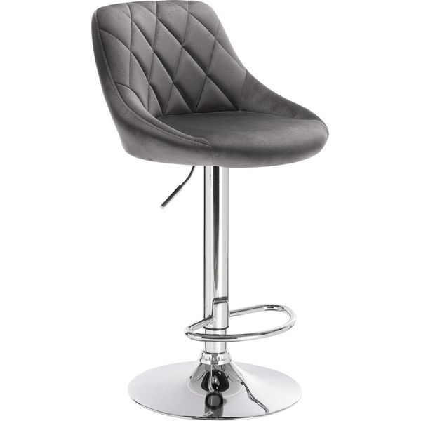 Sgabello Da Bar In Velluto - Regolabile In Altezza E Girevole - Altezza Seduta 60-82 Cm - Con Poggiapiedi - Struttura In Acciaio Cromato - Seduta 35 X 38 Cm - Portata 100 Kg - Grigio Scuro-image