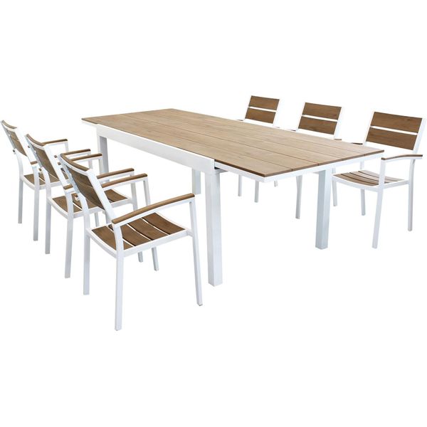 Milanihome.It - Set Tavolo 160/240X90 Struttura In Alluminio Bianco O Grigio Piano In Polywood Color Teak O Grigio Colore Bianco,Marronedi Colorebianco-image