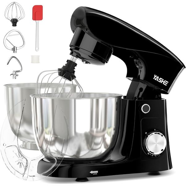 Yashe Robot Da Cucina 1500W, Ciotole In Acciaio Inox Da 4,5 + 5L, 10+P Velocità, Testa Inclinabile, Con Gancio Per Impasto, Sbattitore E Frusta, Multifunzionale-image