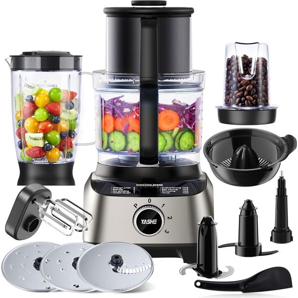 Yashe Robot Da Cucina Multifunzione, Frullatore 11 In 1, Mixer, Tritatutto, Spremiagrumi E Impastatrice Con Ciotola Da 2,5 L E Contenitore Da 1,5 L, 1300 W,-image