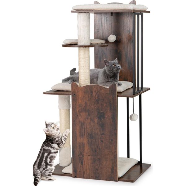 Costway Tiragraffi In Legno E Metallo, 112 Cm, Albero Per Gatti Con Tiragraffi, 4 Piattaforme, Palline E Cuscino Rimovibile, Tiragraffi Per Gatti, Marrone Vintage-image